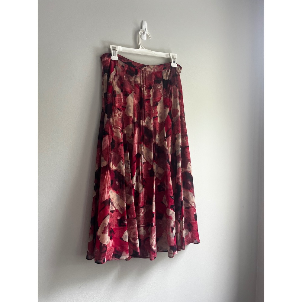 Jones New York Collection Red Watercolor Floral Pleated Midi Skirt‎ 6 High Rise